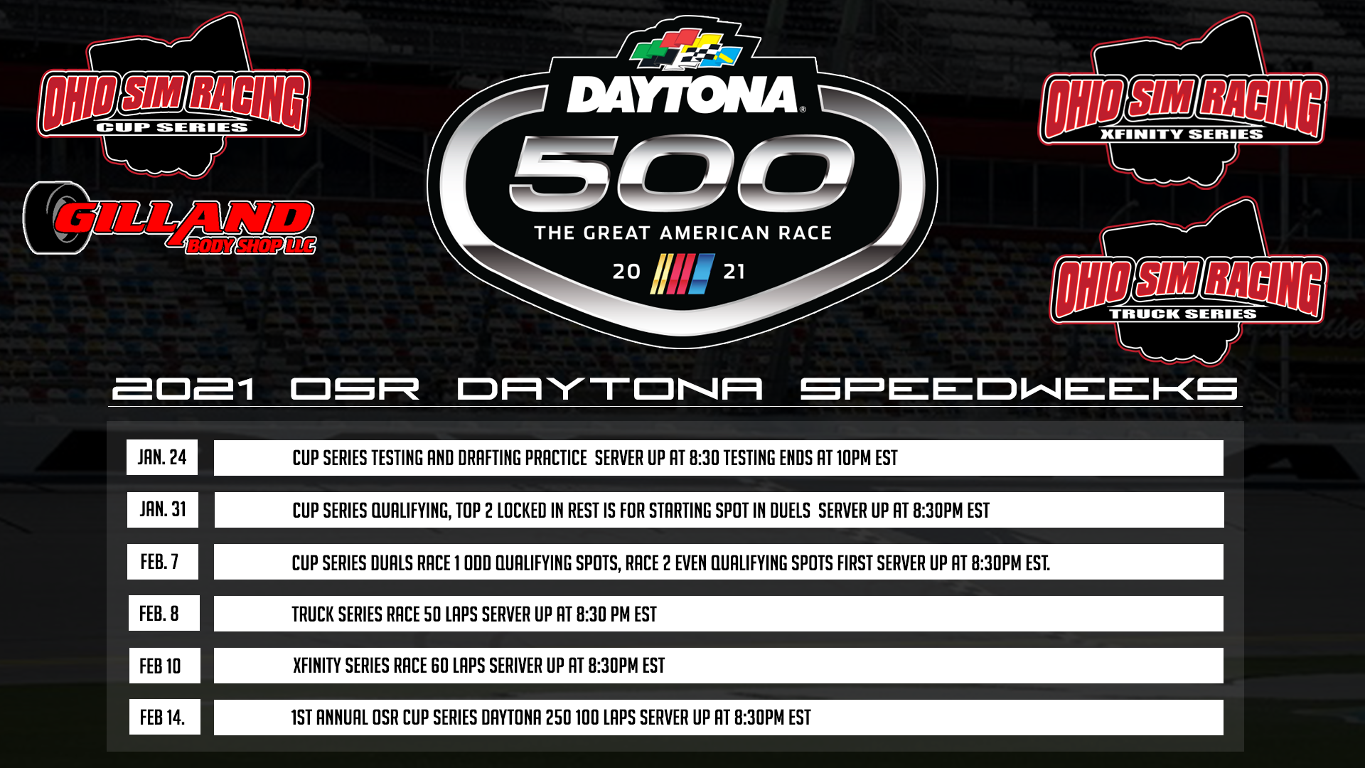 Ohio Sim Racing Daytona Speedweeks Schedule Released! Ohio Sim Racing